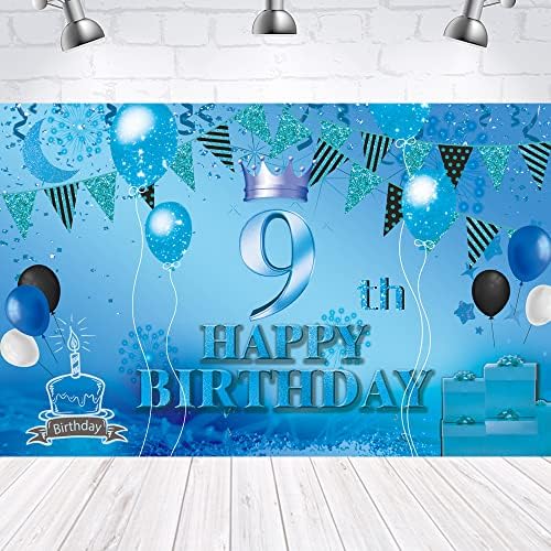 Фон с 9-ти Рожден Ден Банер Син Плакат с 9-ти знак на 9 Аксесоари за парти по случай рожден Ден, за Годишнина