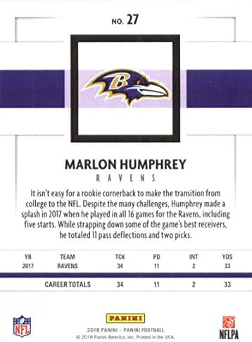 2018 Панини Футбол NFL 27 Официалната търговска картичка Marlon Humphrey Балтимор Рейвънс