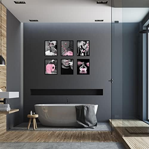 Модерен стенен декор за баня, Щампи, Комплект от 6 черно-бели плакати върху платно с бляскав гланц, Снимки,
