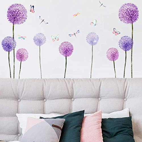Стикери за стена под формата на растения-Глухарче, Летящи Лилави Цветя, Пеперуди, Стикери за Стена под формата