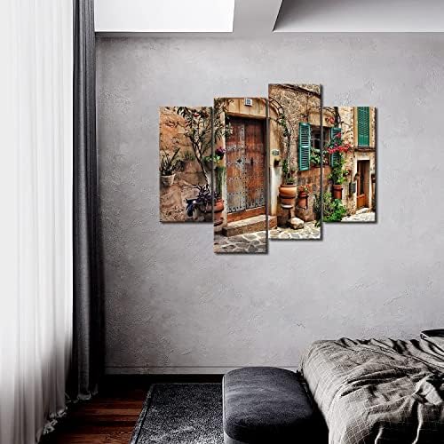 4 Панела Тосканское Стенно Изкуство на Улицата на Старите Средиземноморски градове Цветни Врати и Прозорци Картини,